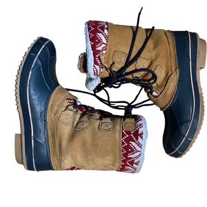 Khombu Kristie Tan Suede Red Fair Isle Knit Winter Snow Boots Womens Size 8 M